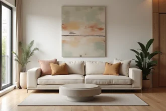Salon moderne avec erreurs de décoration courantes : tableau trop haut, coussins mal assortis et déséquilibre visuel à éviter en 2026