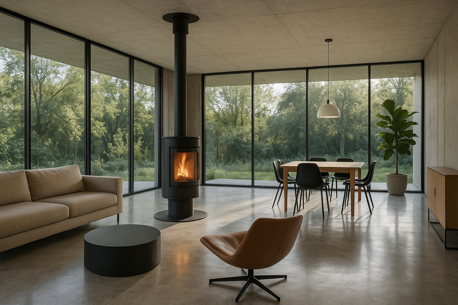 Espace contemporain avec poele en bois cylindrique et grande baie