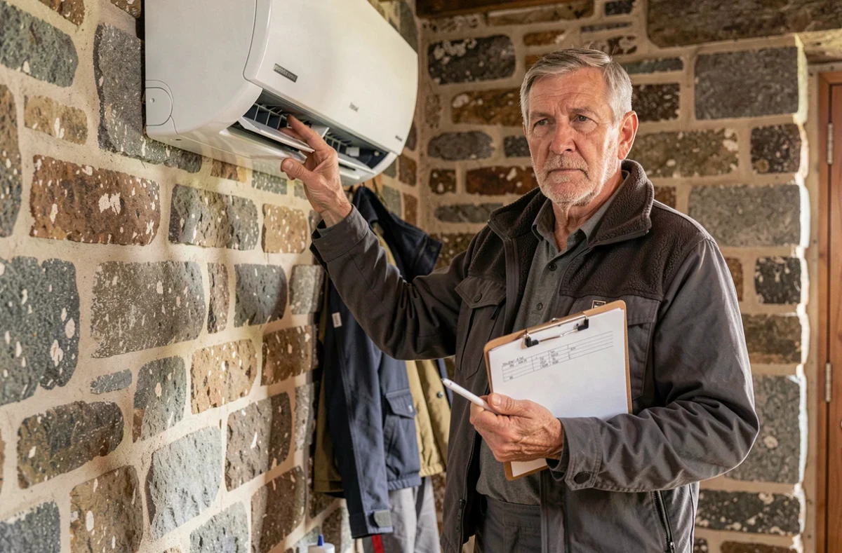 Technicien de l'Établissement Queffurus inspectant une unité de climatisation dans une maison en pierre bretonne