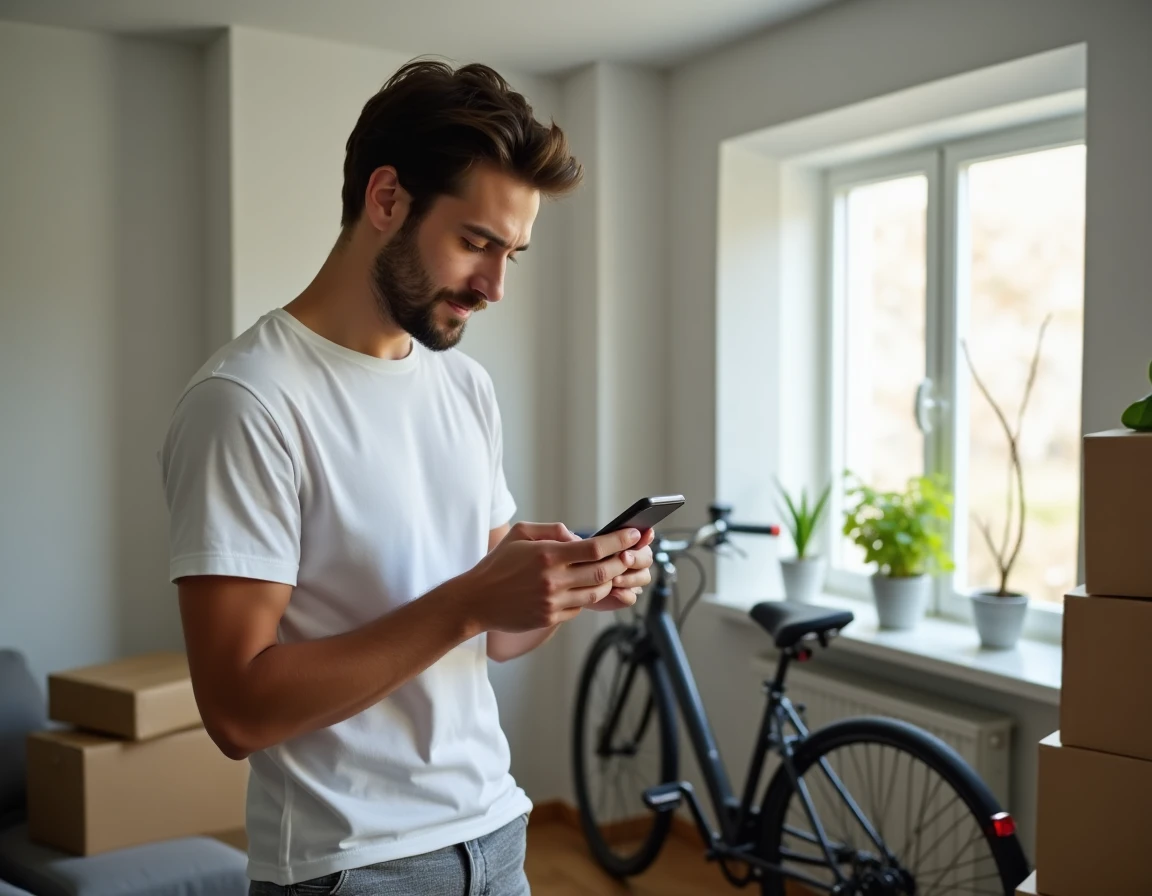 Jeune étudiant consultant une application d'assurance habitation dans son petit appartement