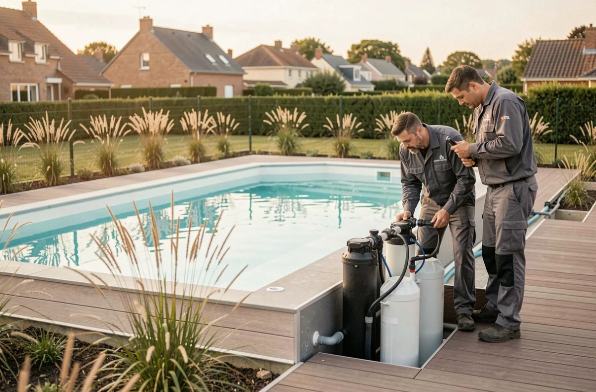 Équipe Everblue inspectant une piscine géométrique moderne dans un quartier résidentiel de Toulouse Nord ou Sud