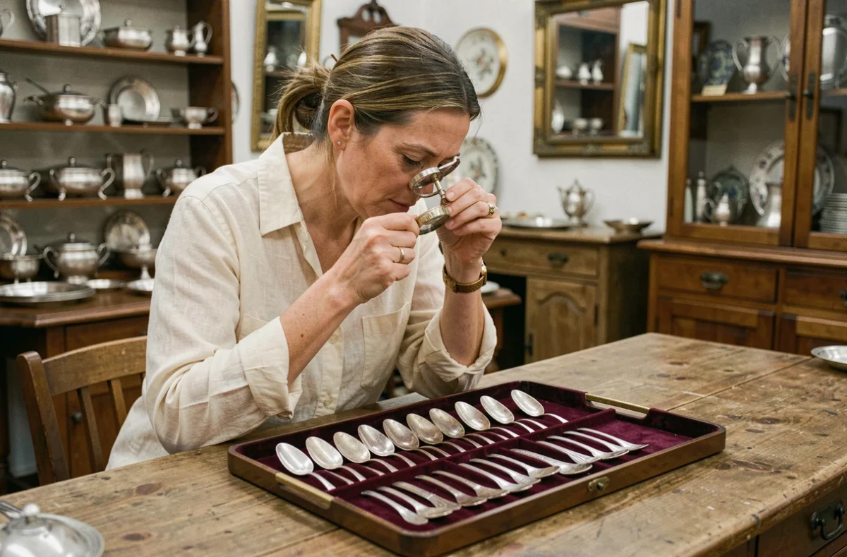 Experte en argenterie examinant les poinçons sur des couverts anciens en argent massif avec une loupe dans un magasin d'antiquités