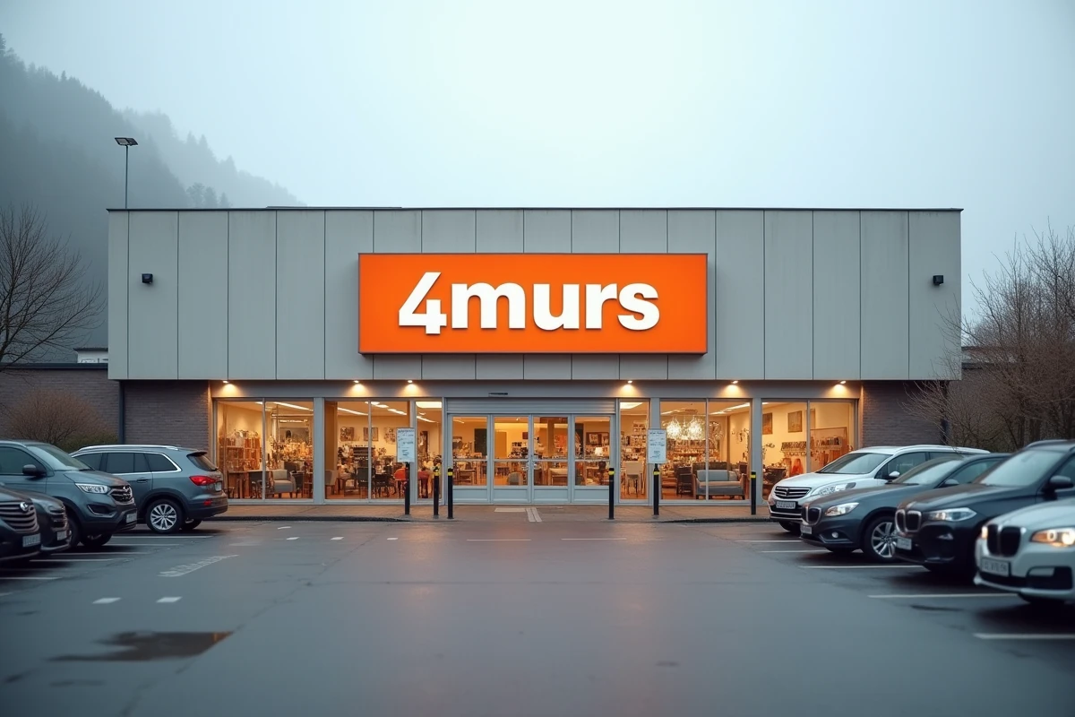 Façade extérieure du magasin 4 Murs Chambéry avec enseigne et parking