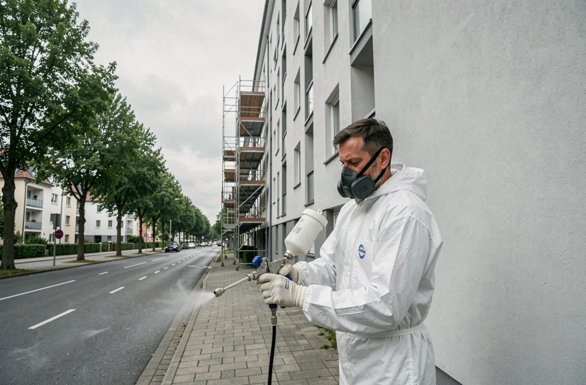 Façadier spécialisé appliquant un revêtement extérieur au pistolet airless sur un immeuble résidentiel dans l'agglomération de Metz