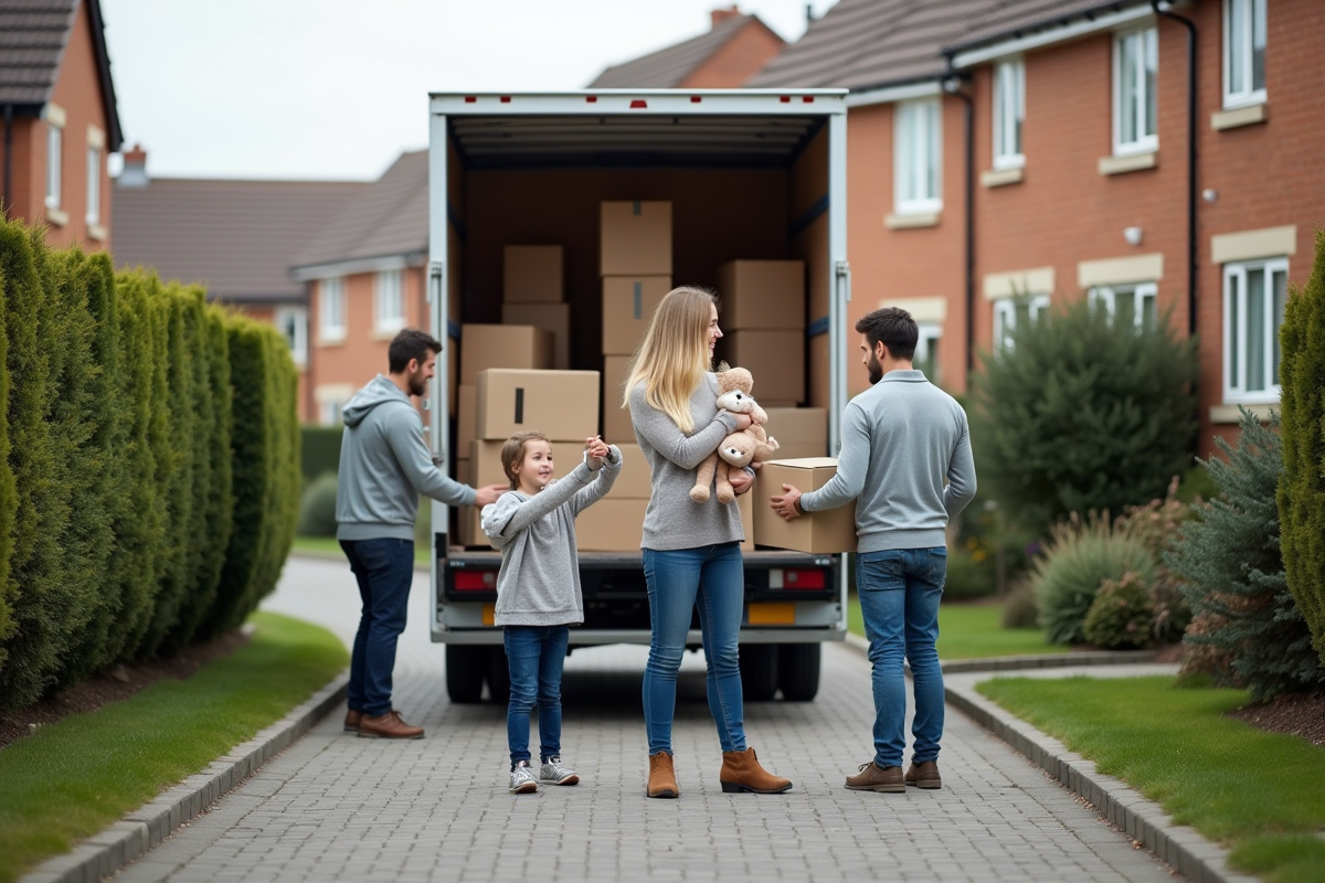Une famille heureuse avec des déménageurs chargent des cartons dans un camion de déménagement dans une rue résidentielle