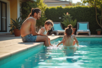 Famille jouant près d'une piscine sécurisée dans le jardin