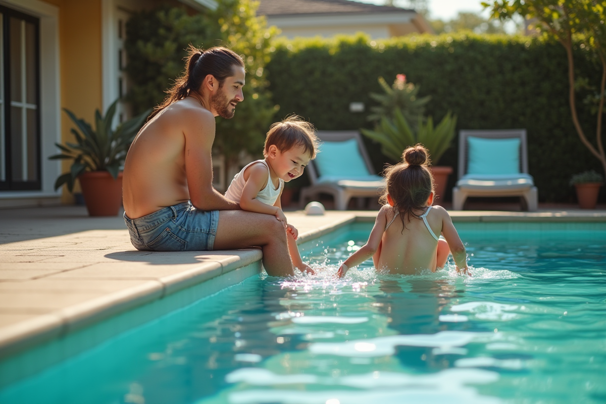 Famille jouant près d'une piscine sécurisée dans le jardin