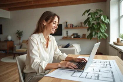 Femme de 40 ans assise à une table en bois, consultant un site d'aménagement intérieur sur son ordinateur portable, entourée de plans et d'échantillons de tissu dans un salon de style scandinave