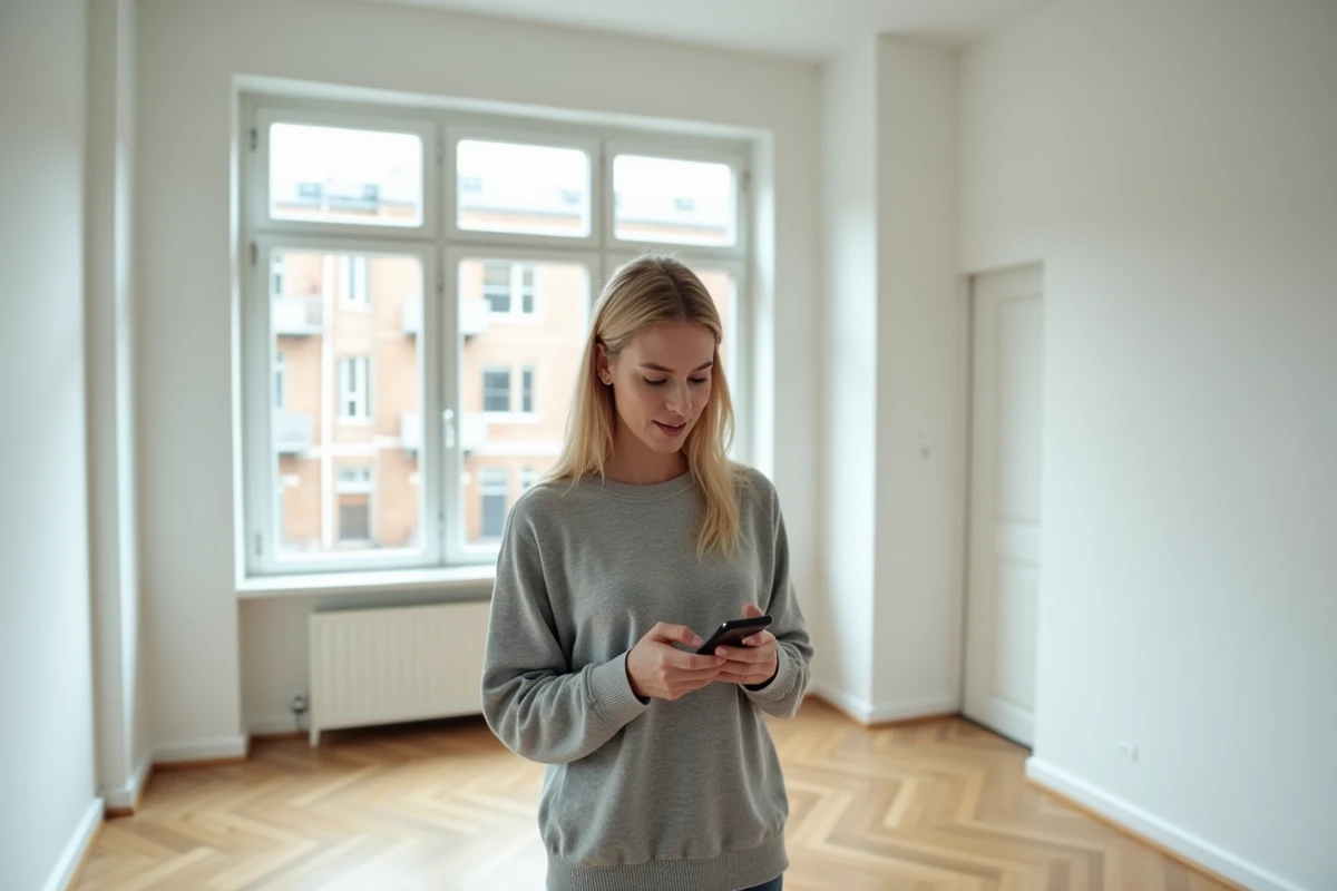 Femme utilisant l'application mobile lamaison360.fr lors d'une première visite dans un appartement vide moderne