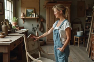 Femme en salopette touchant un fauteuil en bois patine