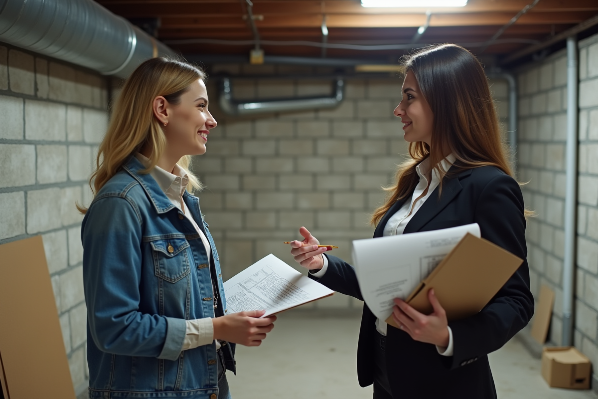 Jeune femme consultante avec agent immobilier dans un sous-sol