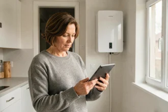 Femme consultant des avis utilisateurs sur une tablette devant une pompe à chaleur installée dans une cuisine moderne