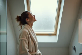 Femme en peignoir regardant le velux dans une salle de bain moderne