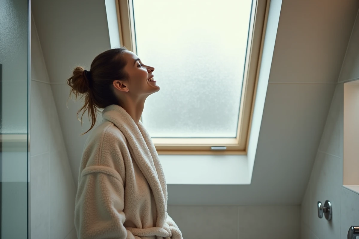 Femme en peignoir regardant le velux dans une salle de bain moderne