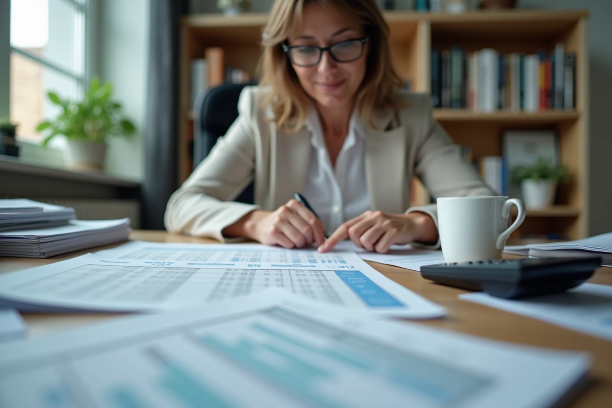 Femme consultant un budget de rénovation et des brochures d'aides financières belges à son bureau à domicile