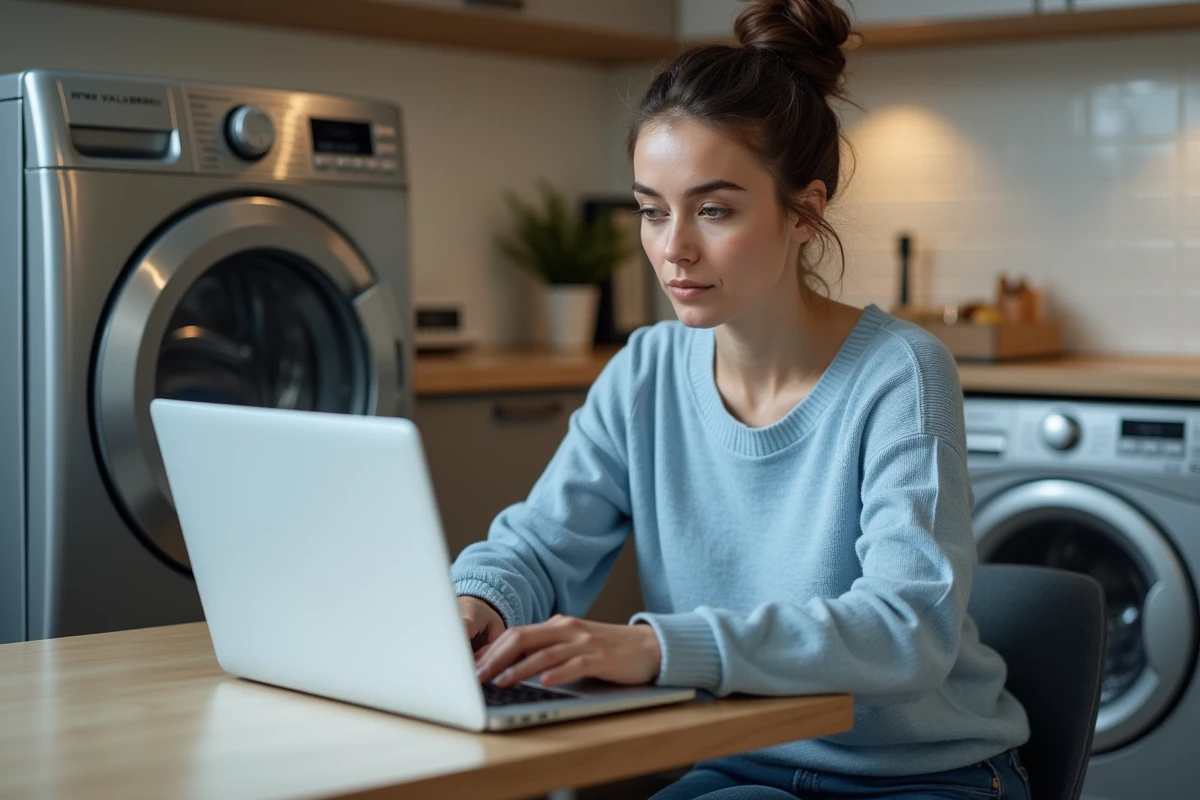 Femme concentrée utilisant un ordinateur dans une cuisine moderne avec machine à laver Valberg