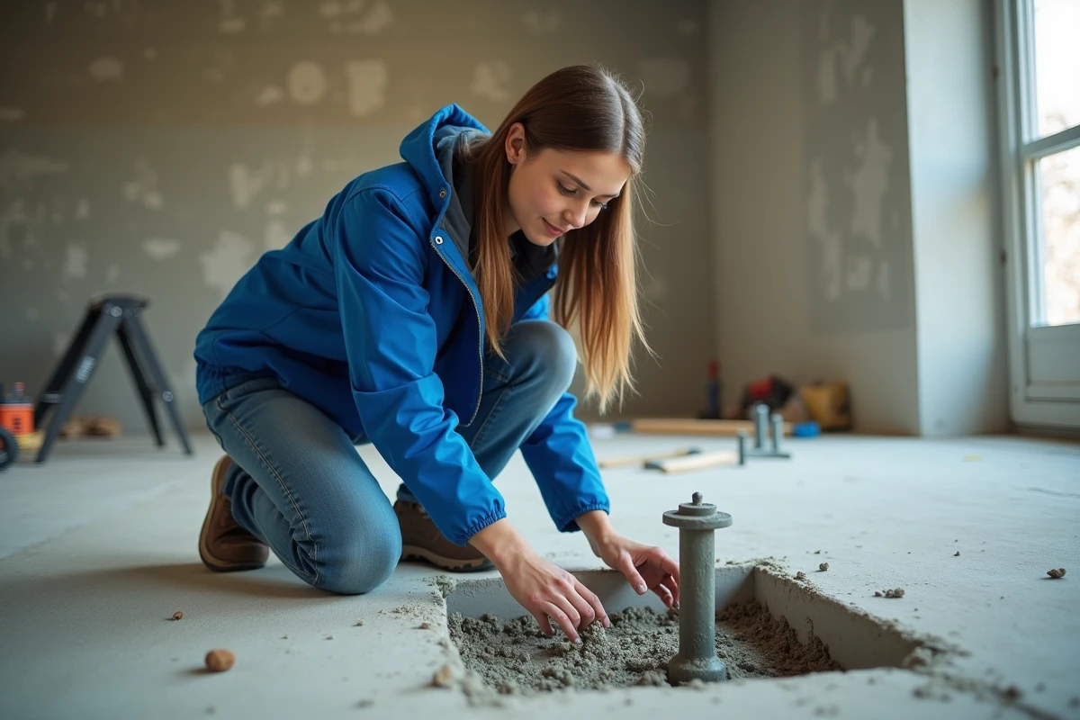 Jeune femme examinant le ciment dans un atelier intérieur