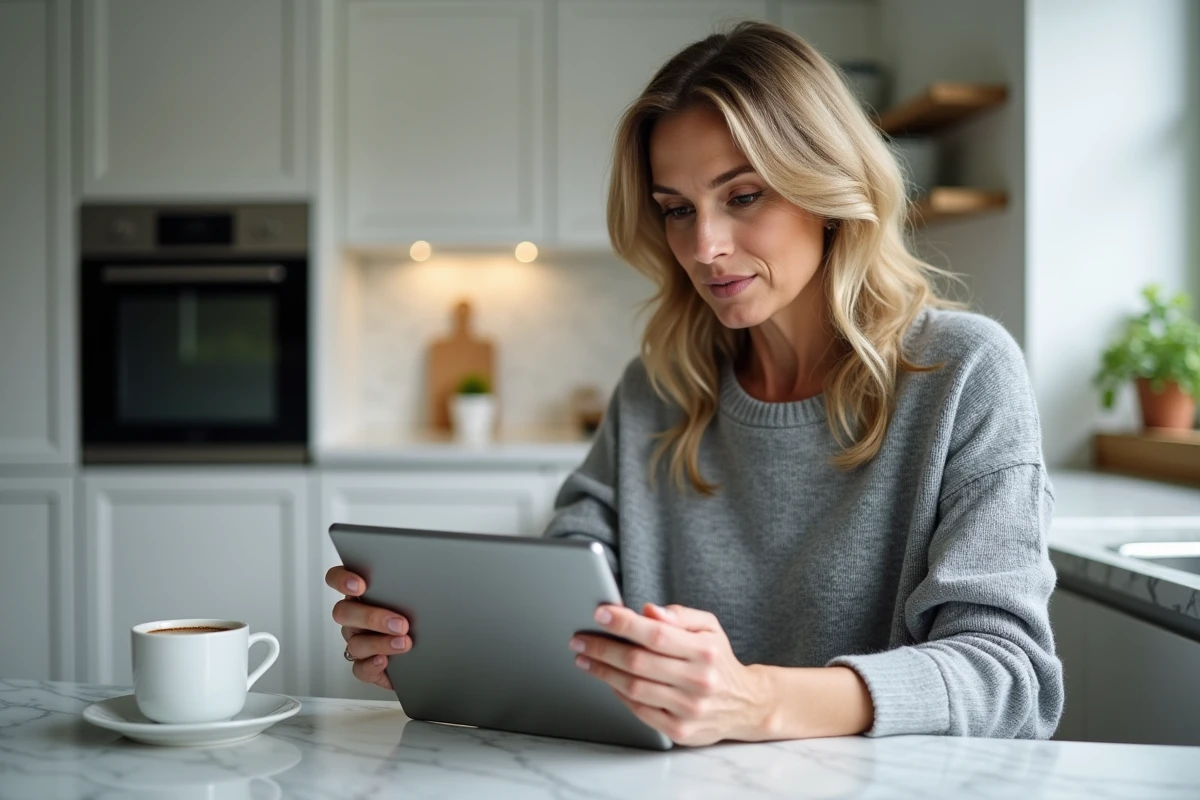 Femme consultant une comparaison de plateformes de devis travaux sur tablette dans sa cuisine moderne