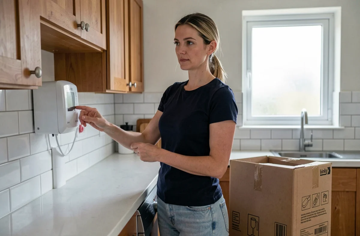 Femme coupant le compteur Linky dans une cuisine avant de remplacer un appareil électroménager en sécurité