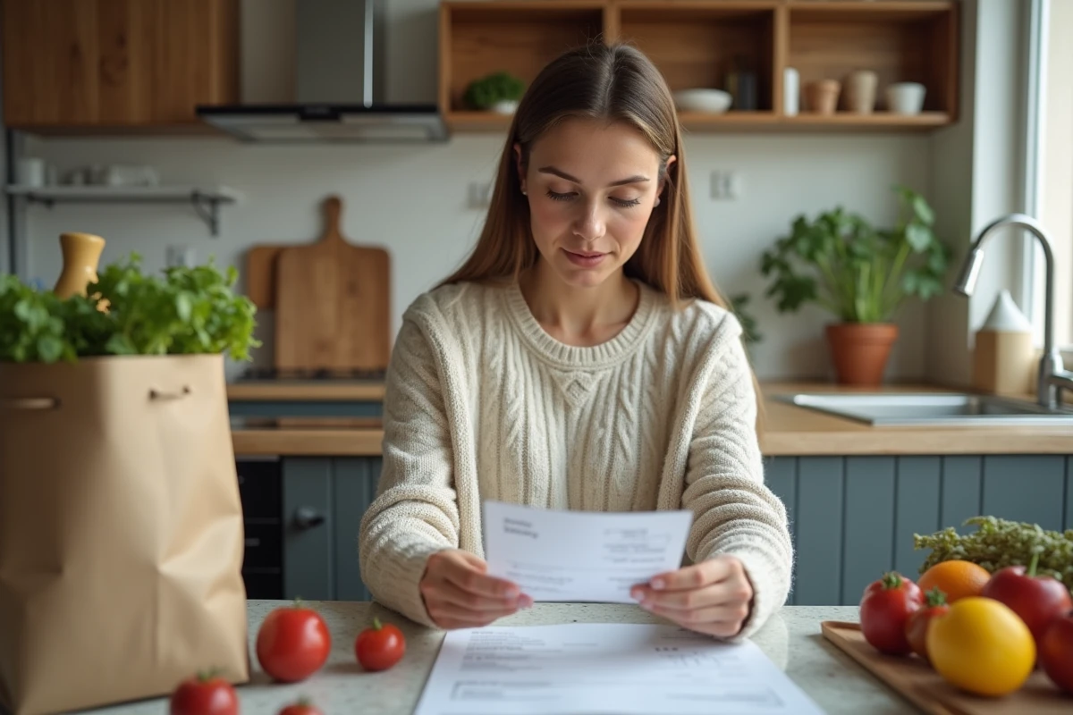 Femme vérifiant un reçu de courses Carrefour à la maison