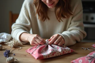 Femme en tricot préparant des sachets cadeaux faits main