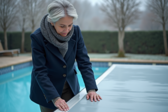 Femme en manteau et écharpe hiver sécurise la couverture de piscine