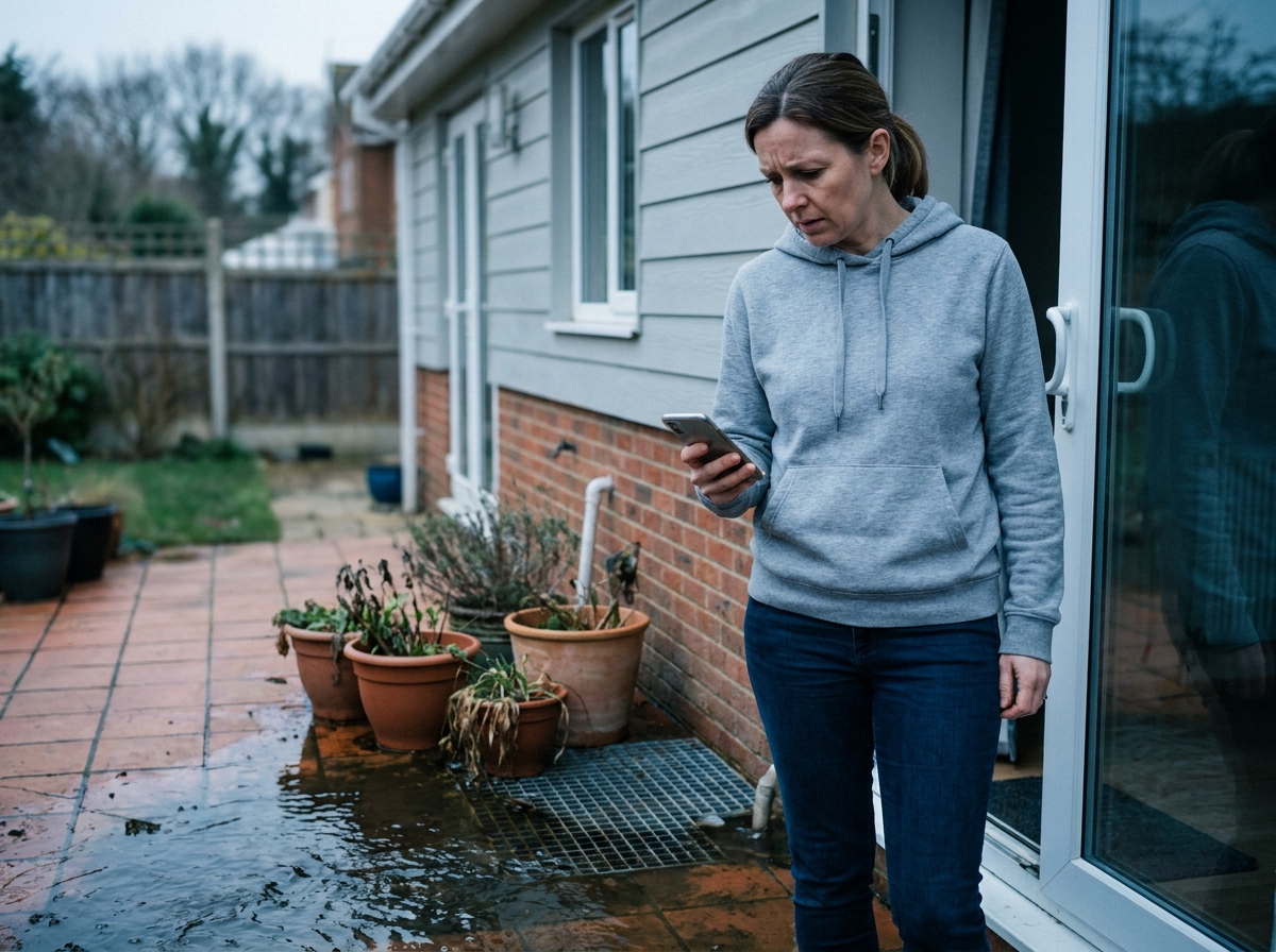 Femme inquiète regardant l'eau stagnante sur son patio causée par un débordement de fosse septique le week-end