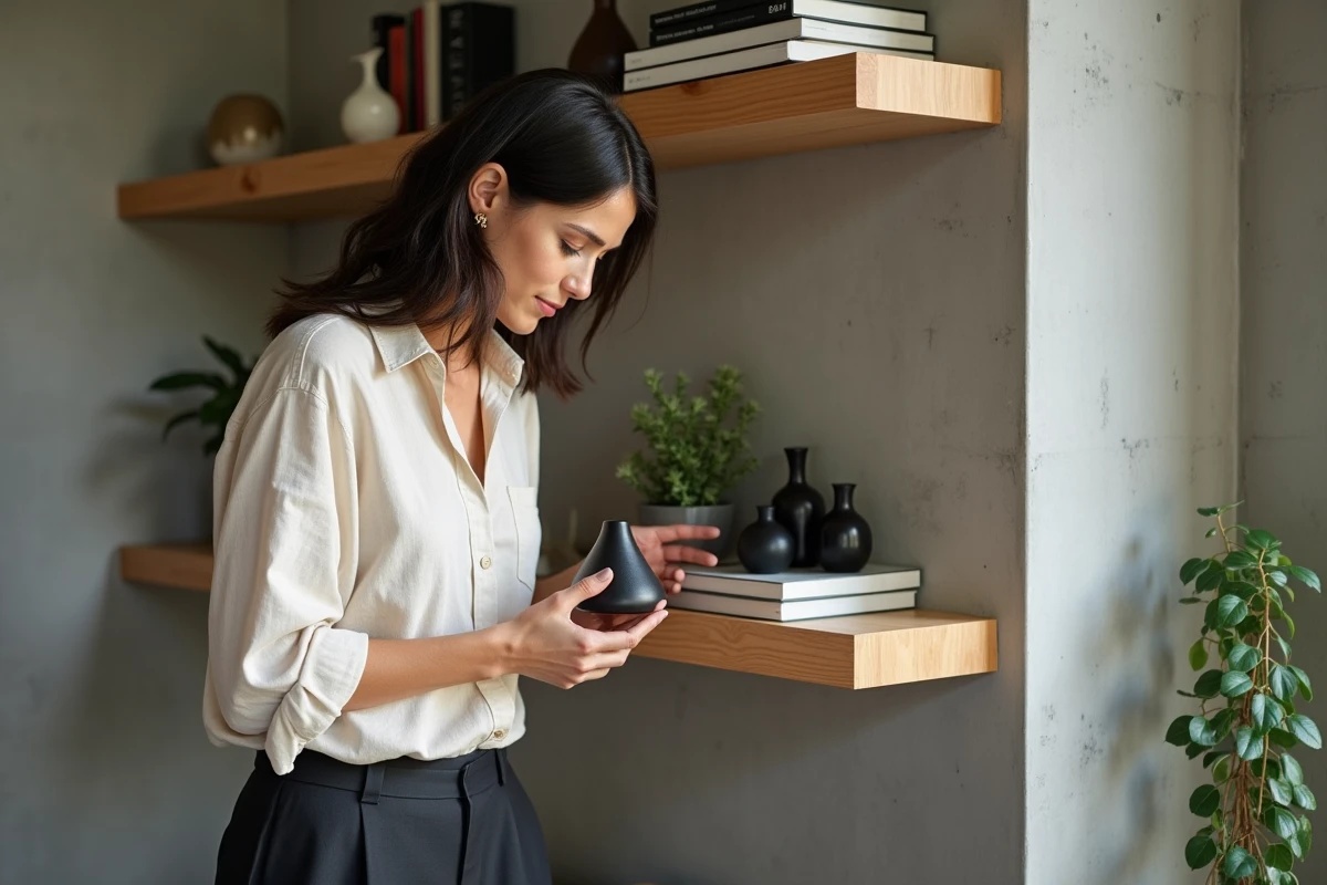 Femme arrangeant des objets décoratifs sur une étagère murale en bois dans un bureau contemporain avec mur en béton brut
