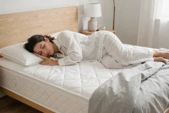 Femme dormant paisiblement sur un matelas Simmons premium dans une chambre épurée au style scandinave