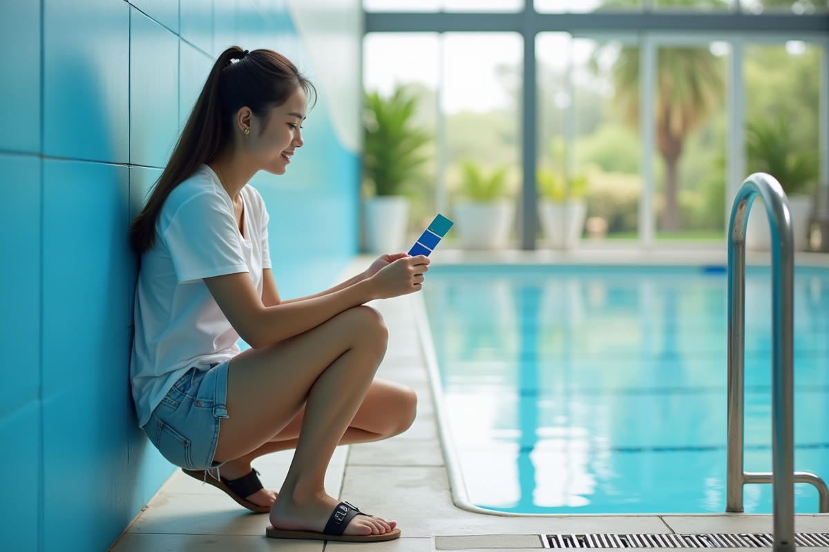 Jeune femme examinant un échantillon de peinture dans une piscine intérieure
