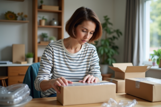 Femme emballant un colis dans un bureau à domicile
