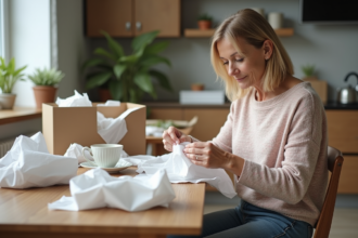 Femme emballant une tasse en porcelaine avec soin