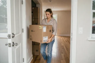 Femme qui emménage dans un nouvel appartement en portant des cartons lors d'un déménagement