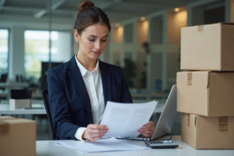 Femme d affaires examinant documents de déménagement