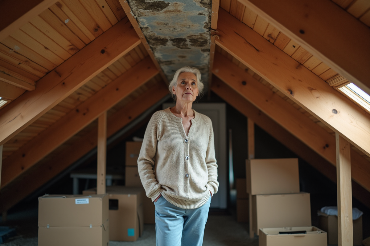 Femme inquiète dans son grenier observant des traces d