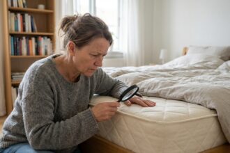 Femme inspectant un matelas avec une loupe dans une chambre moderne