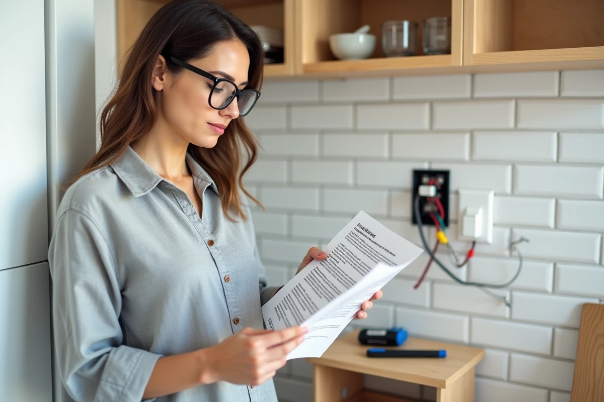 Femme consultant une notice de branchement pour installer un interrupteur poussoir sur un va-et-vient dans une cuisine moderne