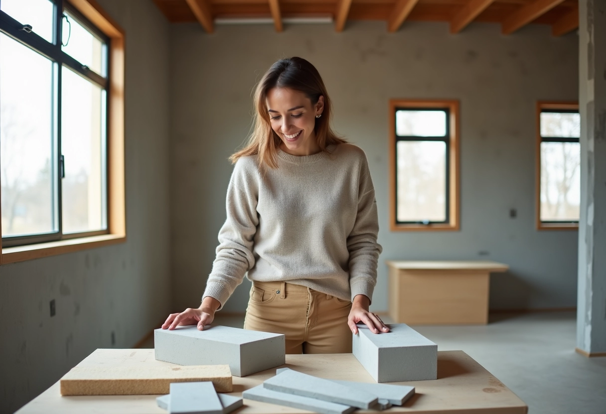 Jeune femme examinant matériaux d