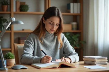 Femme lisant à son bureau avec une lampe de bureau orientée sur sa lecture, ambiance chaleureuse et confortable dans un bureau à domicile