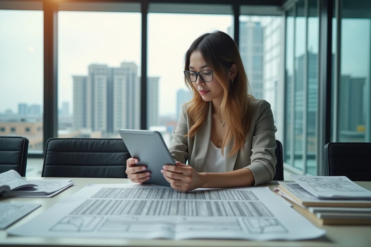 Jeune femme analysant un plan de veneer sur une tablette en réunion