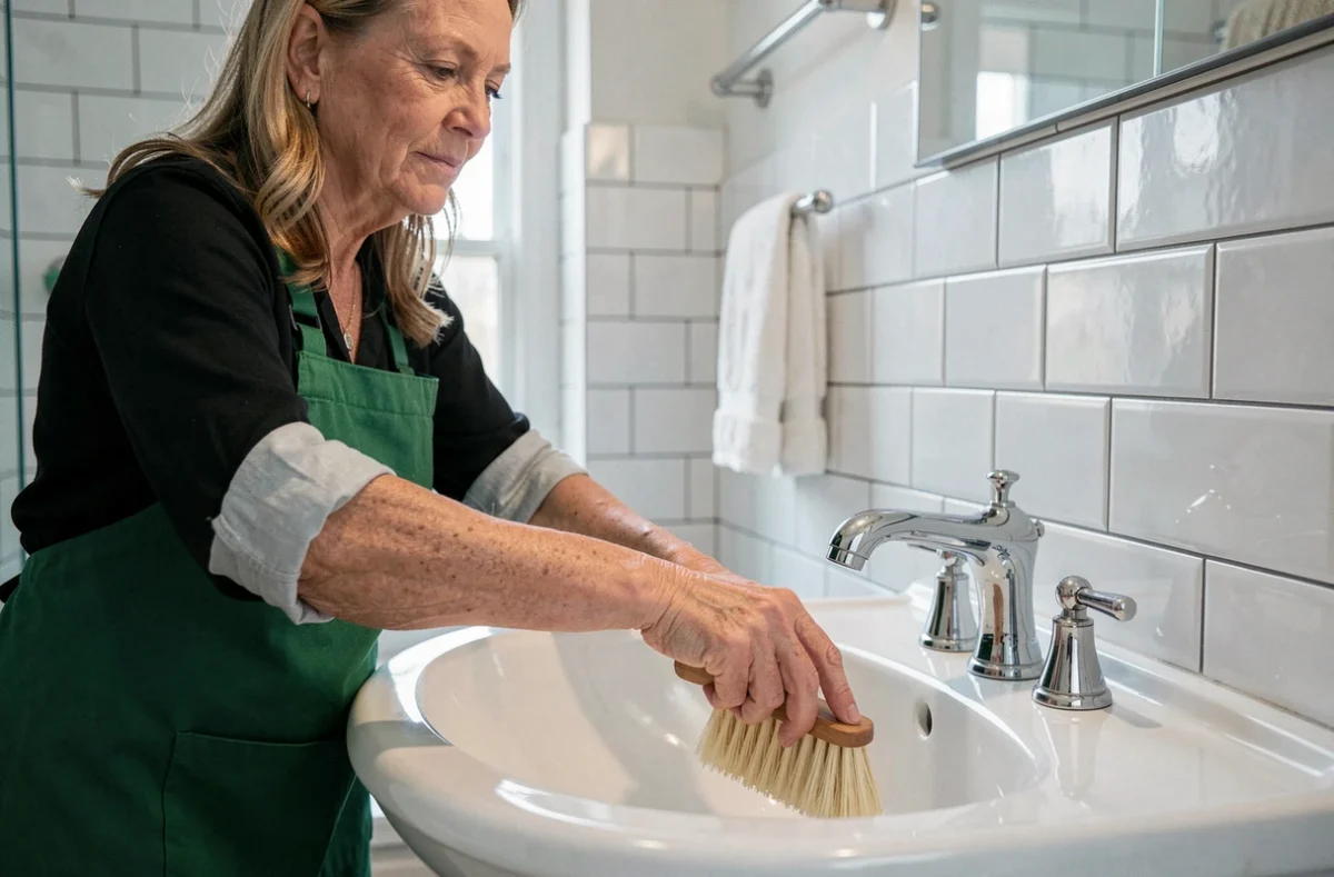 Femme de ménage expérimentée récurant un lavabo dans une salle de bain carrelée en blanc