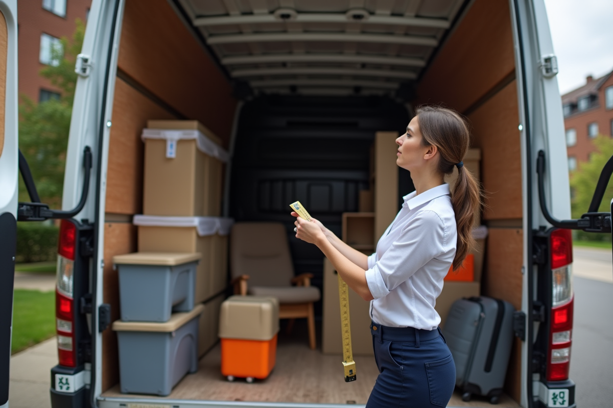 Femme mesurant un van de déménagement avec des meubles