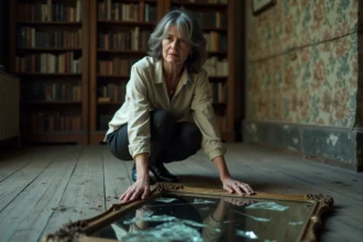 Femme contemplant un miroir brisé au sol dans un appartement ancien, alliant superstition et atmosphère nostalgique