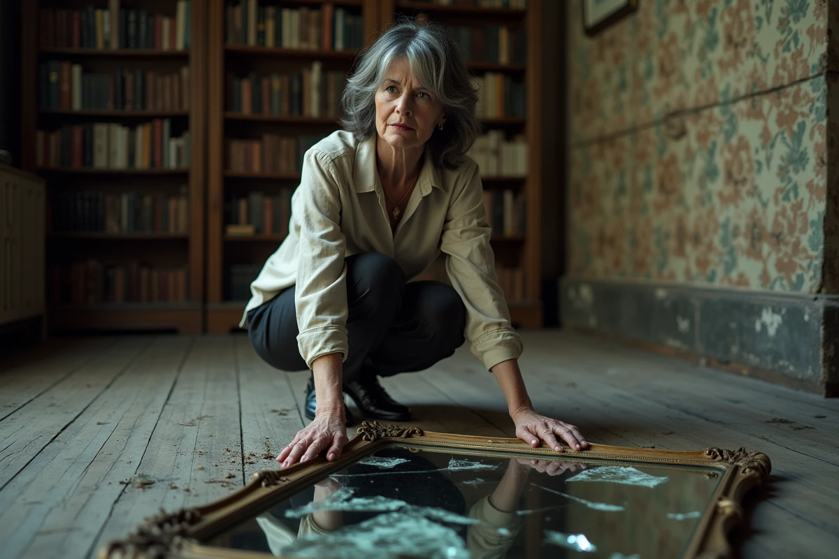 Femme contemplant un miroir brisé au sol dans un appartement ancien, alliant superstition et atmosphère nostalgique