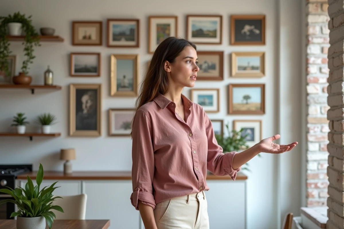 Jeune femme désignant un mur surchargé de cadres mal assortis, illustrant les erreurs de décoration intérieure à éviter en 2026