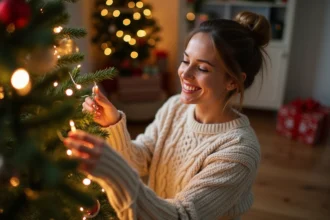 Femme souriante décorant un sapin de Noël avec des lumières