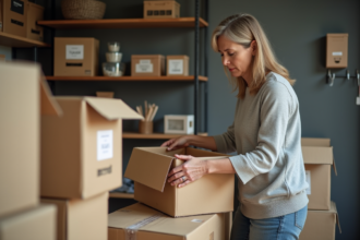 Femme plie des cartons dans un espace de stockage moderne