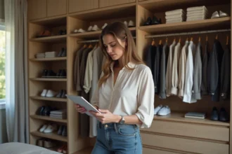Femme dans un dressing moderne avec tablette numérique