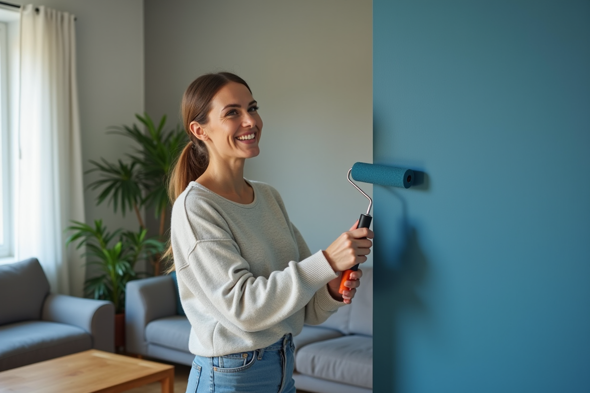 Femme souriante tenant un rouleau de peinture devant un mur bleu dans un salon cosy