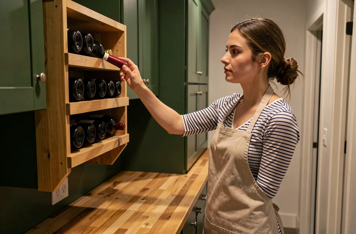 Femme rangeant une bouteille de vin dans un porte bouteille mural en bois dans une petite cuisine en couloir